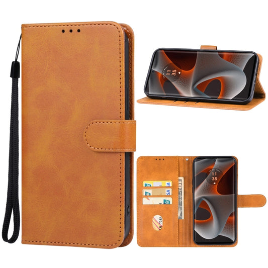 Brown leather phone wallet case with flip cover and hand strap, holds phone securely