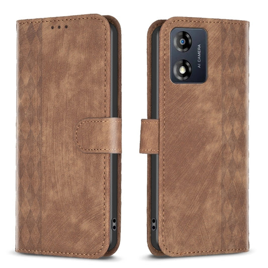 Brown plaid embossed leather phone case with flip cover and side cutouts