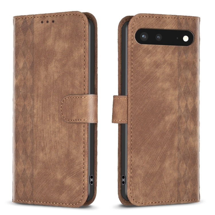 Brown plaid embossed leather phone case with folio cover and side strap, front and back view.