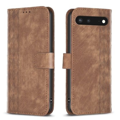 Brown plaid embossed leather phone case with folio cover and side strap, front and back view.