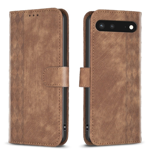 Brown plaid embossed leather phone case with folio cover and side strap, front and back view.