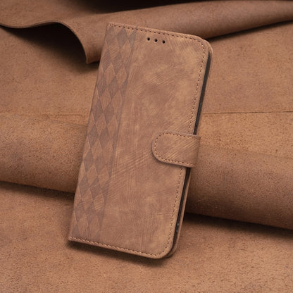 Brown plaid embossed leather folio phone case with front flap and stitched strap closure.