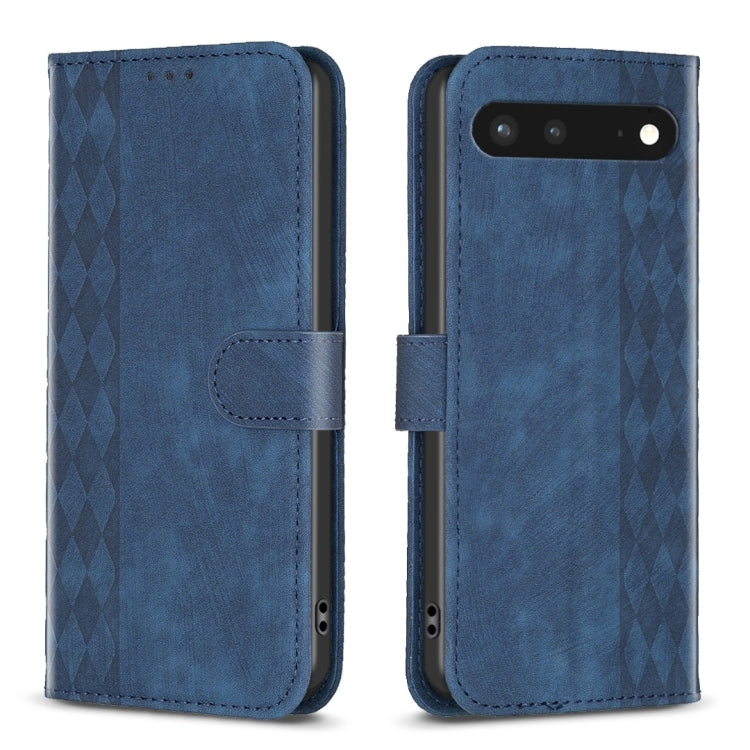 Blue plaid embossed leather phone case with folio cover and side strap, front and back view.