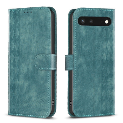 Green embossed plaid leather phone case with folio strap and camera/port cutouts