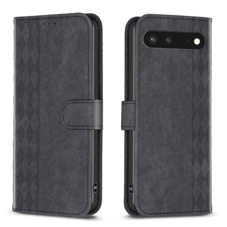 Dark embossed plaid leather phone case with folio strap and camera/port cutouts