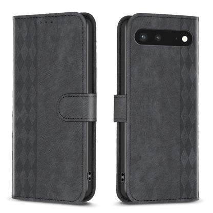 Dark embossed plaid leather phone case with folio strap and camera/port cutouts