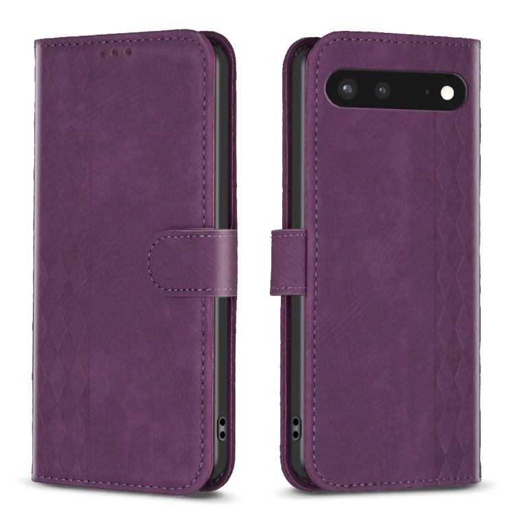 Purple embossed plaid leather phone case with folio strap and camera/port cutouts