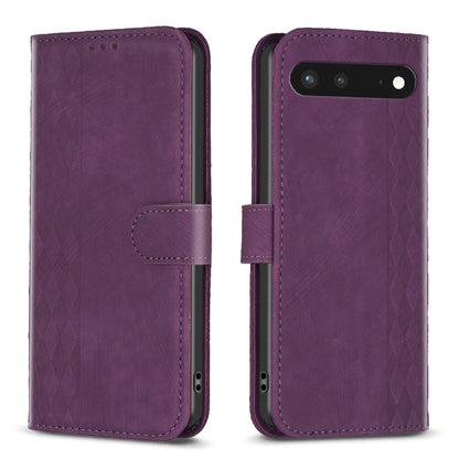 Purple embossed plaid leather phone case with folio strap and camera/port cutouts