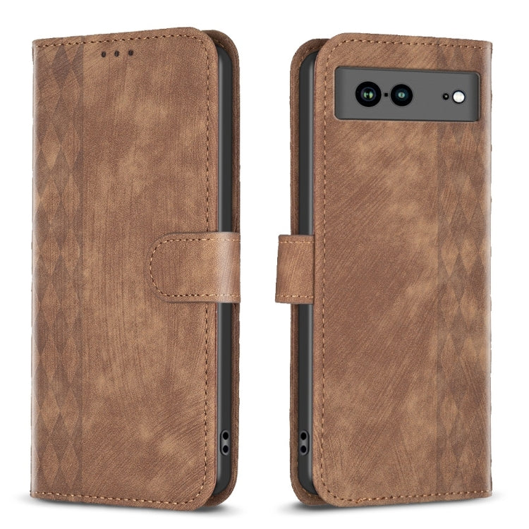 Brown plaid embossed leather folio phone case with flip cover and side strap, front and back.