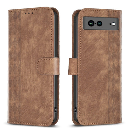 Brown plaid embossed leather folio phone case with flip cover and side strap, front and back.