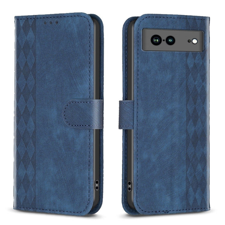 Blue embossed plaid leather phone case with folio strap and camera/port cutouts