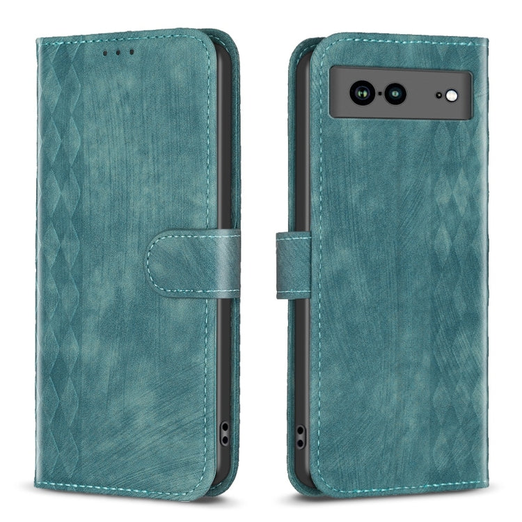 Green embossed plaid leather phone case with folio strap and speaker cutout