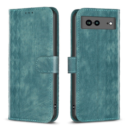 Green embossed plaid leather phone case with folio strap and speaker cutout