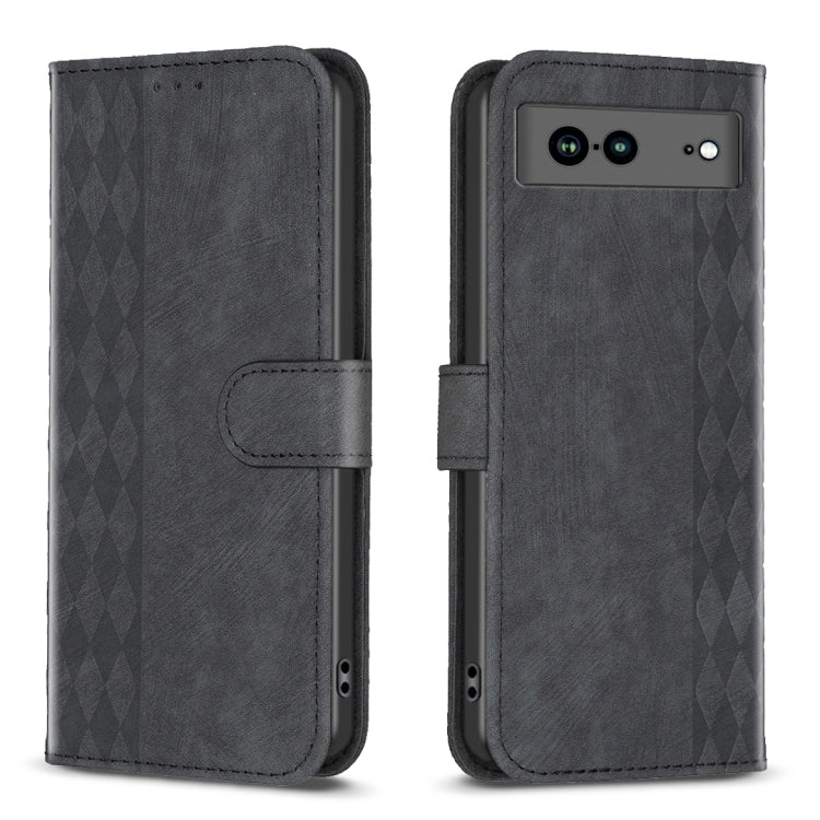 Dark embossed plaid leather phone case with folio strap and camera module cutout