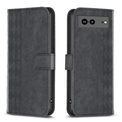 Dark embossed plaid leather phone case with folio strap and camera module cutout