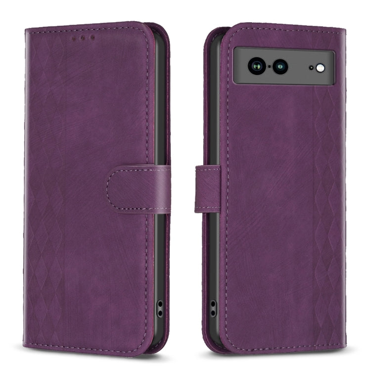 Purple embossed plaid leather phone case with folio strap and camera module cutout