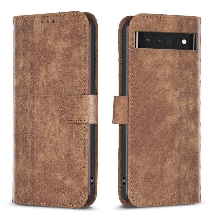 Brown plaid embossed leather phone case with flip cover and camera cutout, front and back.