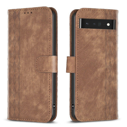 Brown plaid embossed leather phone case with flip cover and camera cutout, front and back.