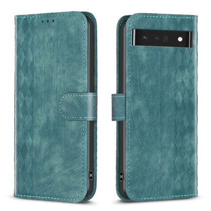 Green embossed plaid leather phone case with folio strap and top opening for camera