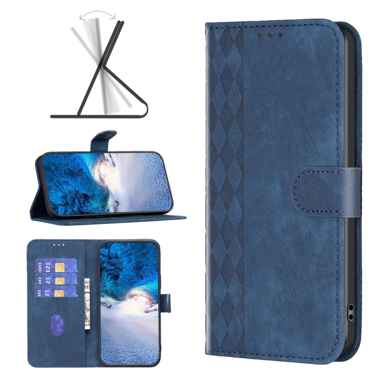 Blue plaid embossed leather phone case with flip cover and side card pocket
