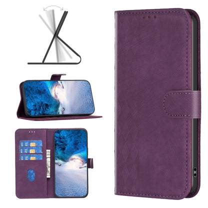 Purple plaid embossed leather folio phone case with flip closed and card pocket
