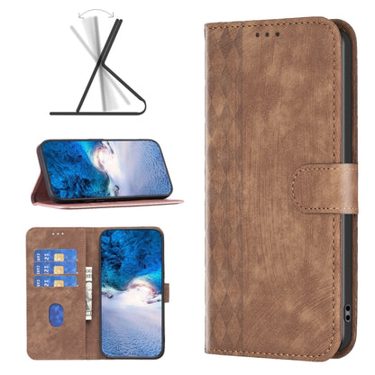 Brown plaid embossed leather folio phone case with flip cover and card holder