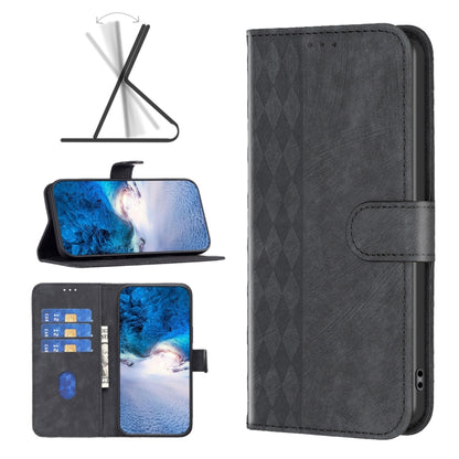 Gray plaid embossed leather folio phone case with flip cover and card holder pocket