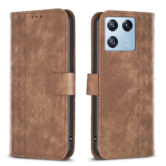 Brown embossed plaid leather-style folio phone case with side strap and camera cutout