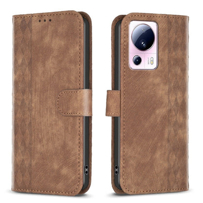 Brown plaid-embossed leather phone wallet case with folio flap and cutouts