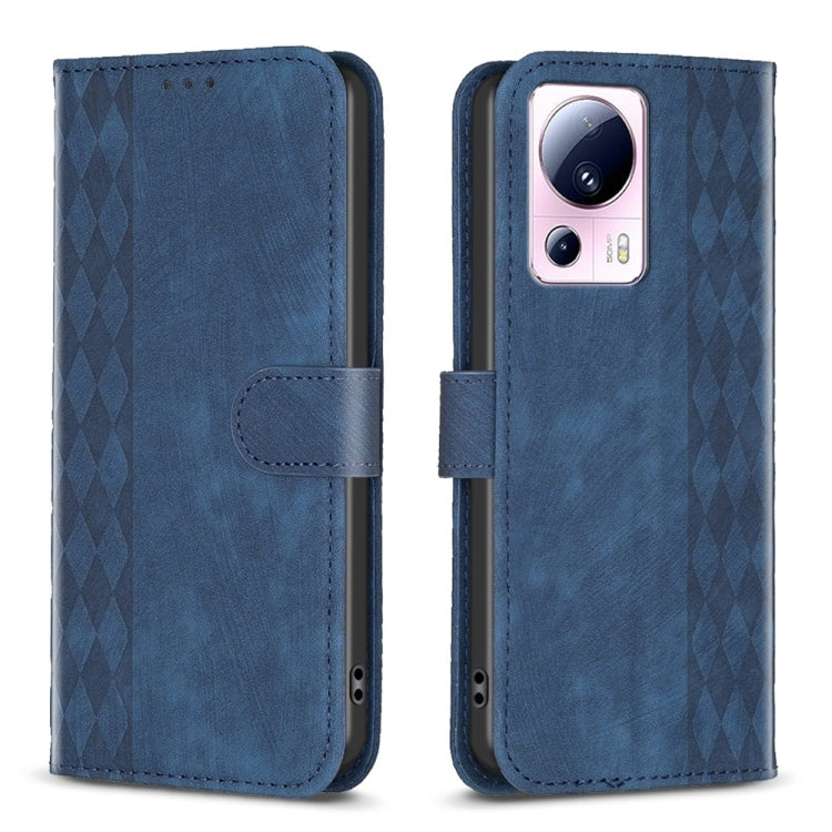 Blue plaid-embossed leather phone wallet case with folio flap and cutouts