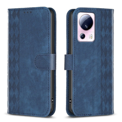 Blue plaid-embossed leather phone wallet case with folio flap and cutouts