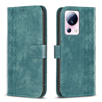 Teal plaid-embossed leather phone wallet case with folio flap and cutouts