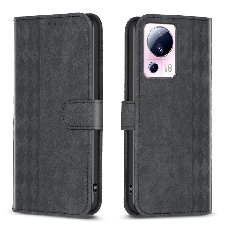 Black plaid-embossed leather phone wallet case with folio flap and cutouts
