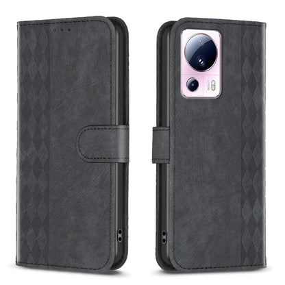 Black plaid-embossed leather phone wallet case with folio flap and cutouts