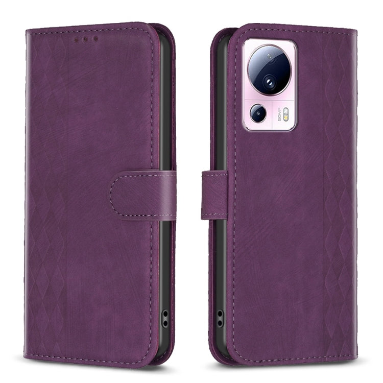 Purple plaid-embossed leather phone wallet case with folio flap and cutouts