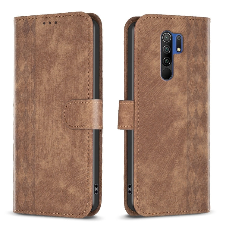 Brown leather phone case with folio strap and plaid embossed texture.