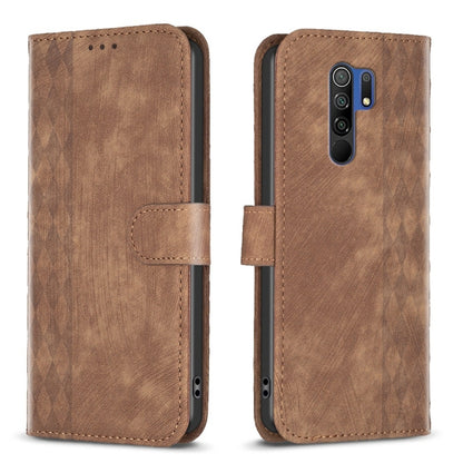 Brown leather phone case with folio strap and plaid embossed texture.