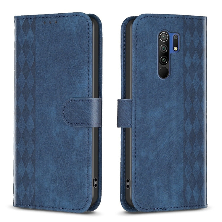 Blue leather phone case with folio strap and plaid embossed pattern.