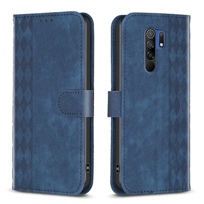 Blue leather phone case with folio strap and plaid embossed pattern.