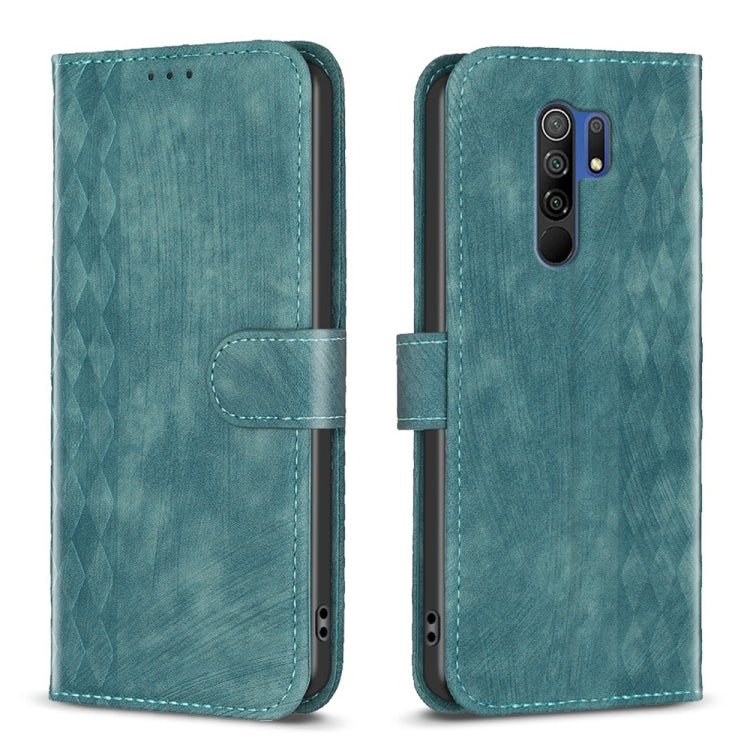 Teal leather phone case with folio strap and plaid embossed texture.