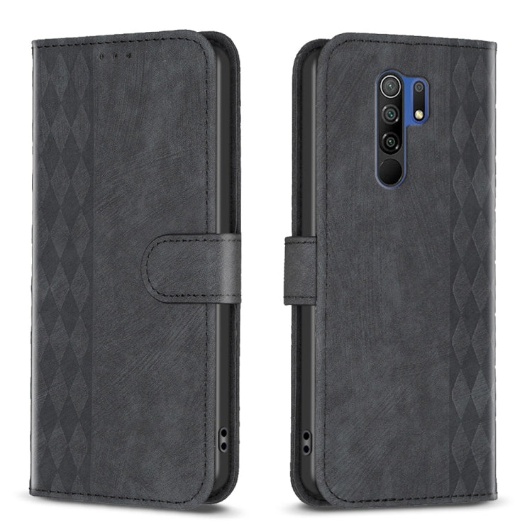 Dark gray leather phone case with folio strap and plaid embossed pattern.