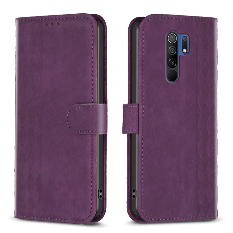 Purple leather phone case with folio strap and camera cutout, plaid embossed texture.