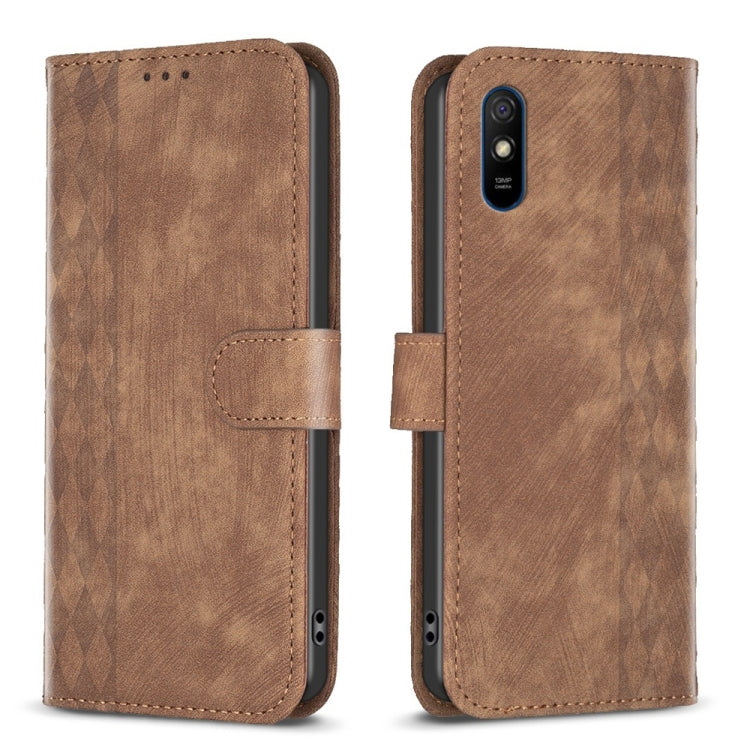 Brown plaid-embossed leather phone case with folio cover and card pocket