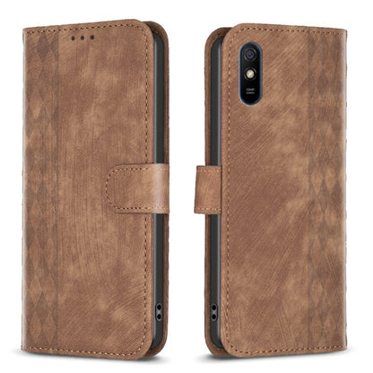 Brown plaid-embossed leather phone case with folio cover and card pocket