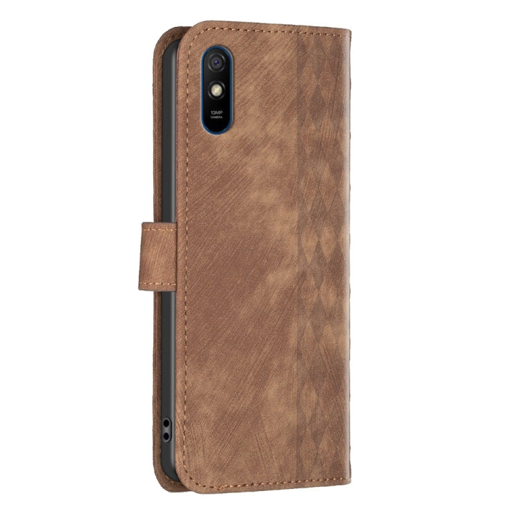 Brown plaid-embossed leather phone case with flip cover and camera cutout