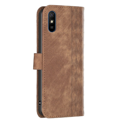 Brown plaid-embossed leather phone case with flip cover and camera cutout