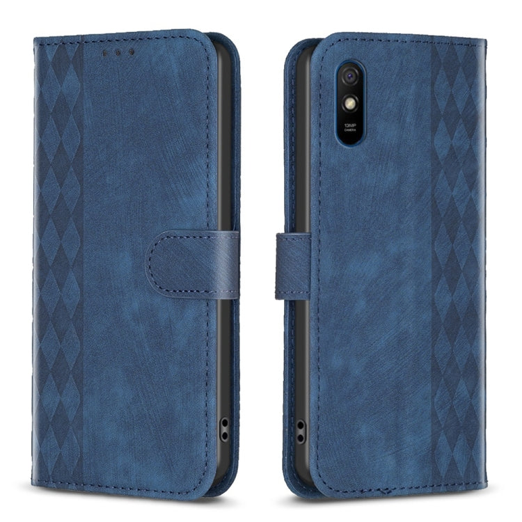 Blue plaid-embossed leather phone case with folio cover and side strap