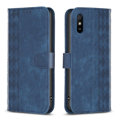 Blue plaid-embossed leather phone case with folio cover and side strap
