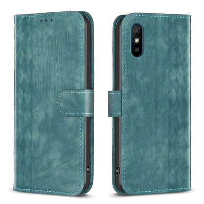Green plaid-embossed leather phone case with folio cover and card pocket