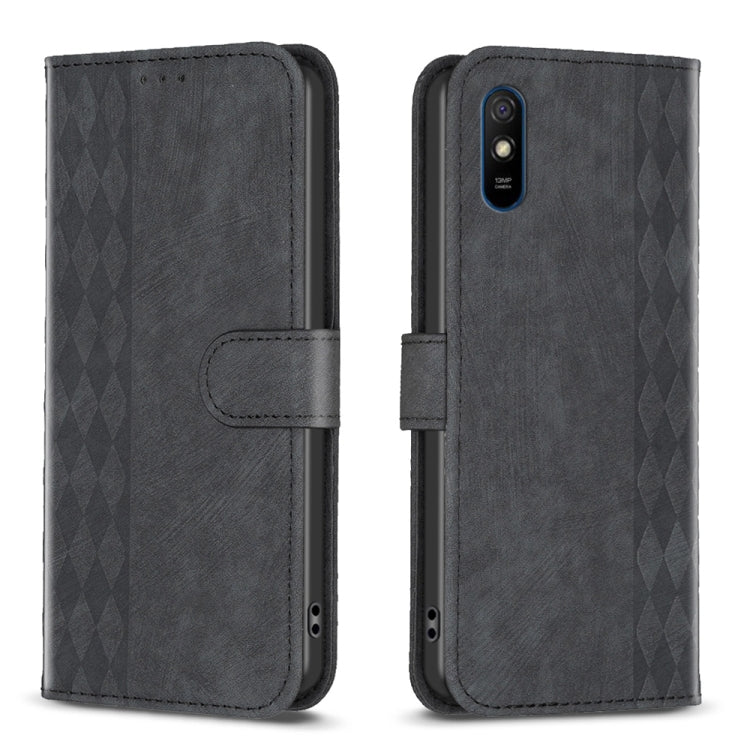 Black plaid-embossed leather phone case with flip folio cover and side strap